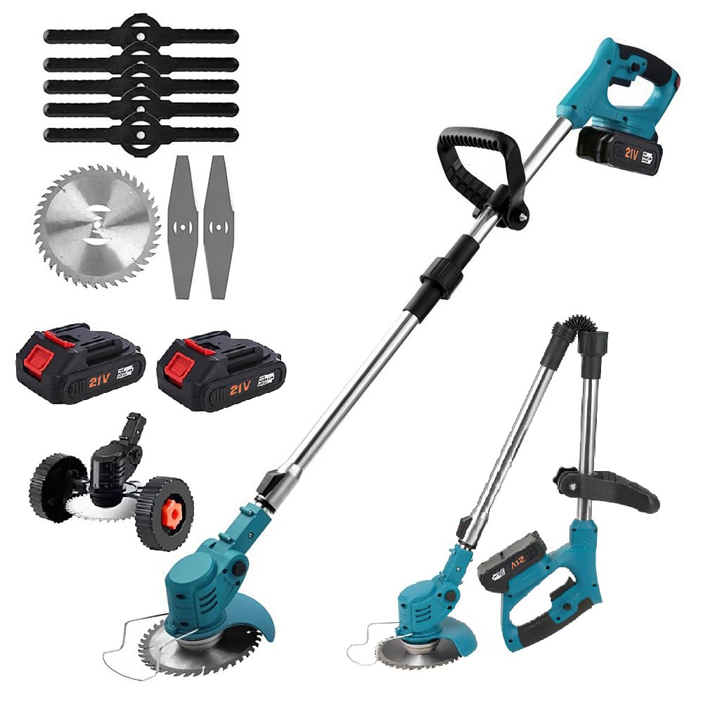 Corte de borde inalámbrico con batería, 21 V desbrozadora eléctrica inalámbrica, plegable corte borde con 3 tipos de cuchillas, para desmatar, patio, jardín (2 baterías)