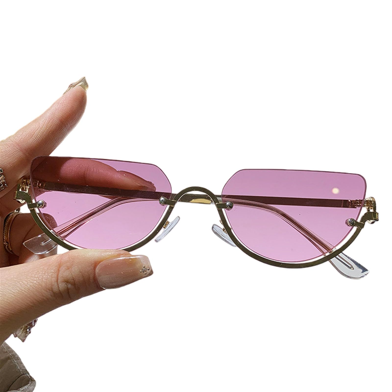 Gyios sunglasses Trendy Unique Semi-rimless Half Circle Rimless Women Men Luxury Metal Shades Glasses Eyewear- Gold Frame Purple-pink Lens