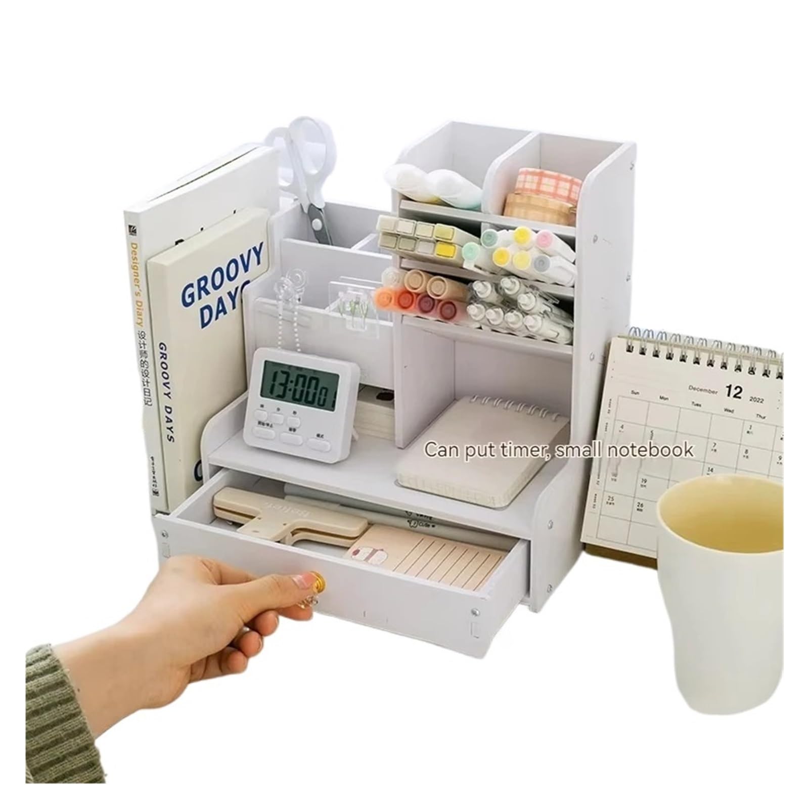 LXHZSY Desk Organiser Mark Pen Pencil Holder Wooden Desk Organizers Shelves Accessories Desktop Stationery Organizer Bookshelf Home Office Storage Box(White Upgraded)