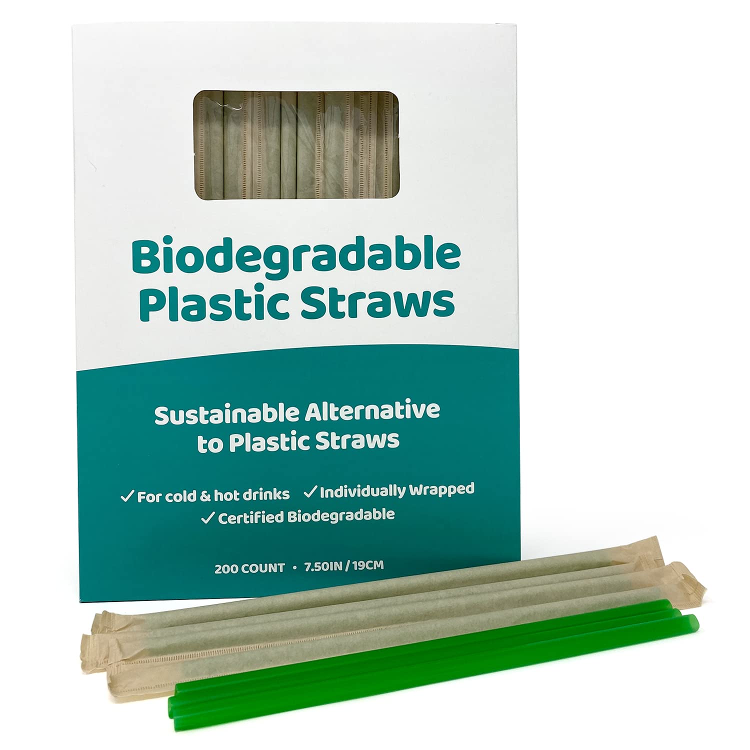 Biodegradable Plastic Individually Wrapped Straws, 200ct, 8.25 IN, Eco-Friendly Green Alternative
