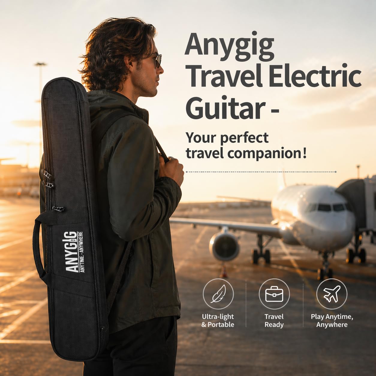 Reise E Gitarre – Volle Größe, ultraleicht (wiegt nur 1,8 kg), 100 % Ahorn, digitales Stimmgerät, Gitarrentasche, Ständer, geeignet für Linkshänder und Rechtshänder, Schwarz