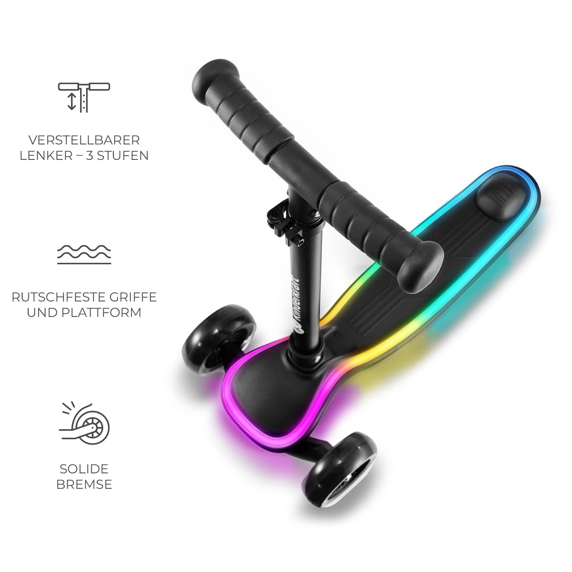 Kinderkraft RAKET Kinderroller ab 1 Jahr bis zu 50 kg, Scooter, Tretroller, LED Räder, Höheverstellbare Lenker, Modernes Design, Schwarz