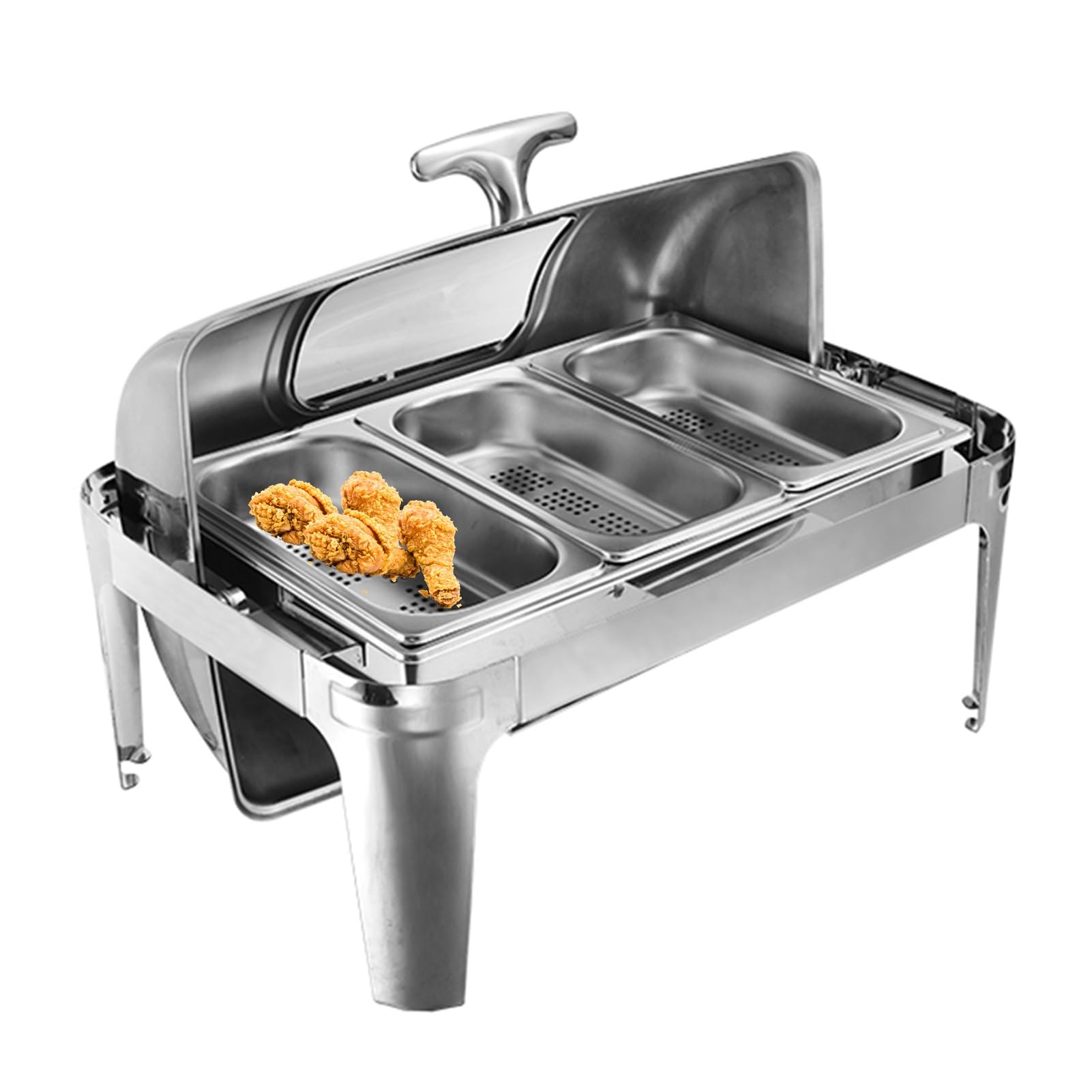 Set da buffet per scaldavivande, vassoio espositivo per servire cibo con coperchio a rullo, scaldavivande in acciaio inossidabile per feste, contenitore da banco per hotel e matrimoni (argento-B, 6,5