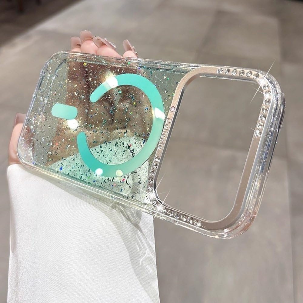Coque induction iPhone 16 Pro verte antichoc pailletée