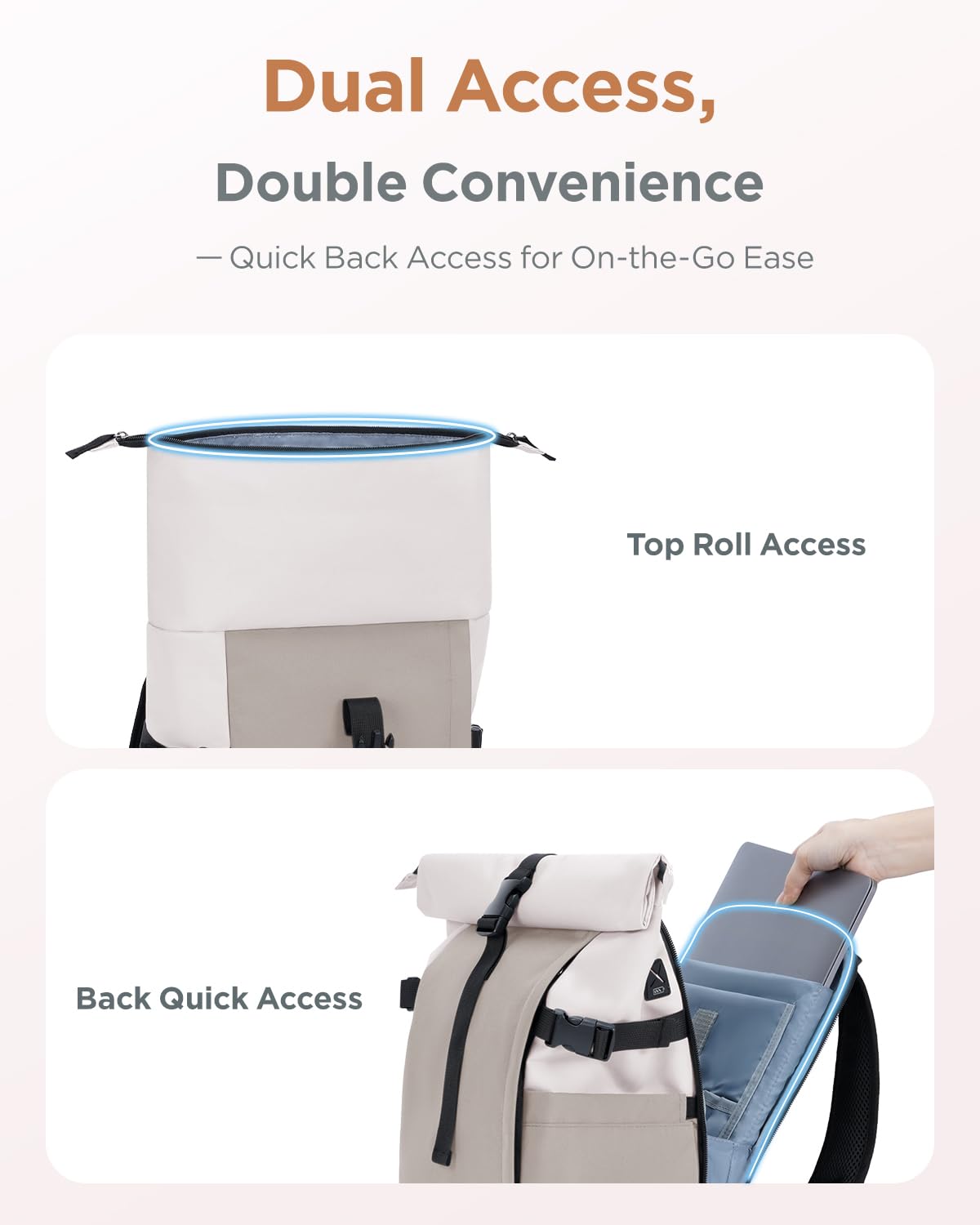 ECOHUB Rolltop Rucksack 20–27L, 15.6 Zoll Laptop Rucksack mit Schnellzugriff auf das Hauptfach ohne Öffnen des Rolltops, Urbaner Tagesrucksack für Alltag, Arbeit, Uni und Reisen(Sand Khaki) - 3