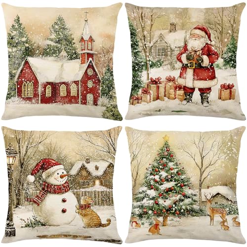 Weihnachtskissenbezug 4 4er Set Kissenbezüge Weihnachten Retro, 40 x 40 cm Kissenbezug...