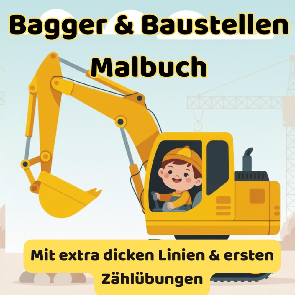 Bagger&Baustellen Malbuch: Mit extra dicken Linien und Zählübungen-einseitug bedruckt für großen Malspaß!