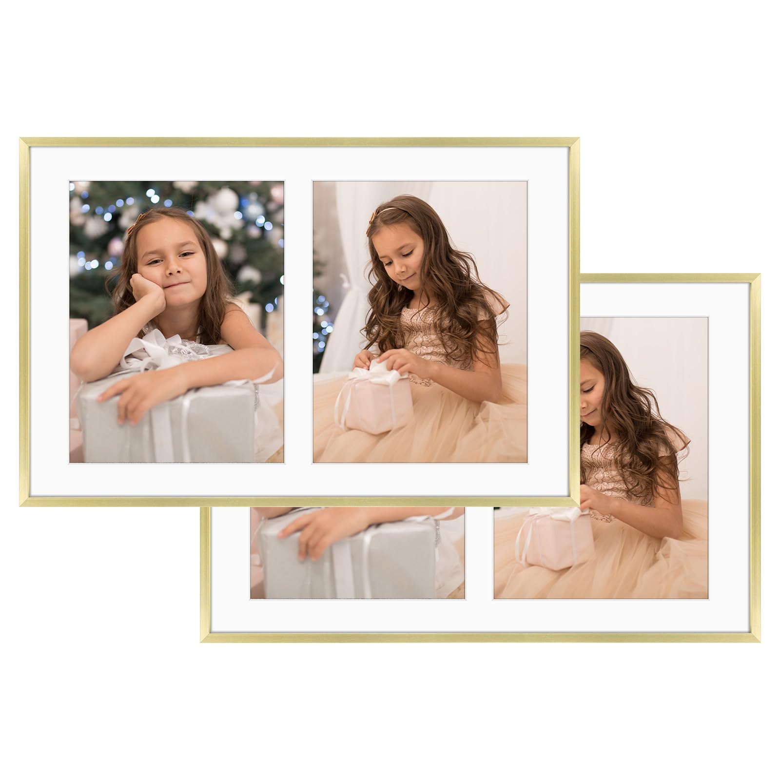 Golden State Art, 8x10 Aluminum Collage Frame, Displays 10x8 Pictures With 2 Openings Mat or One 12x19 Photo, Real Glass, Portrait/Landscape Wall Display, Gold, 2 Pack