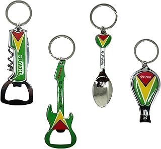 4 Pack Guyana Keychains Country Metal Keychain, 4 Bottle Opener, Nail Clipper, Guitar, Spoon, Corkscrew, Guyanese Patriotic Souvenir Keychains, Car Keys, Gift, Bulk