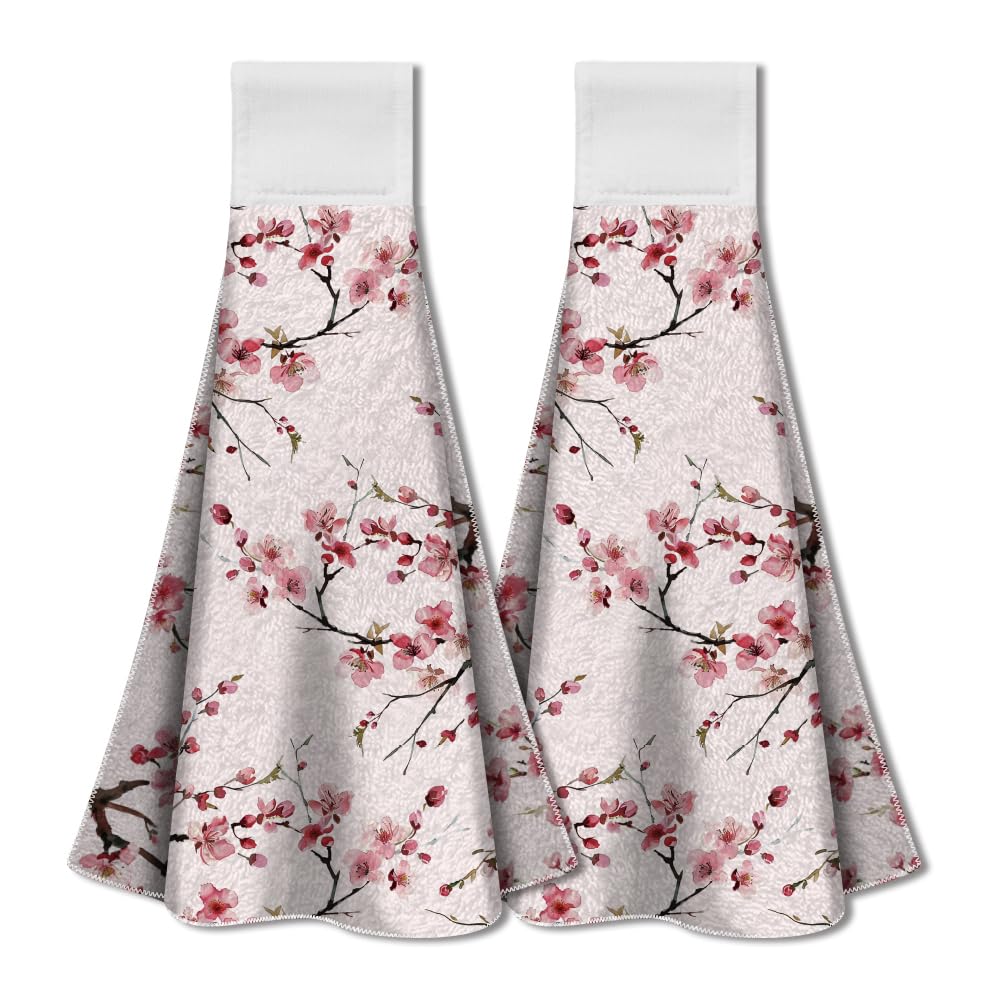 WADORN 2Pcs Cherry Blossom Kitchen Hanging Kitchen Towel, Cherry Flowers Pattern Hanging Towel with Loop for Kitchen Set Flowers Design Absorbent Towels for Washroom, 13.5x12.4 Inche, Flower
