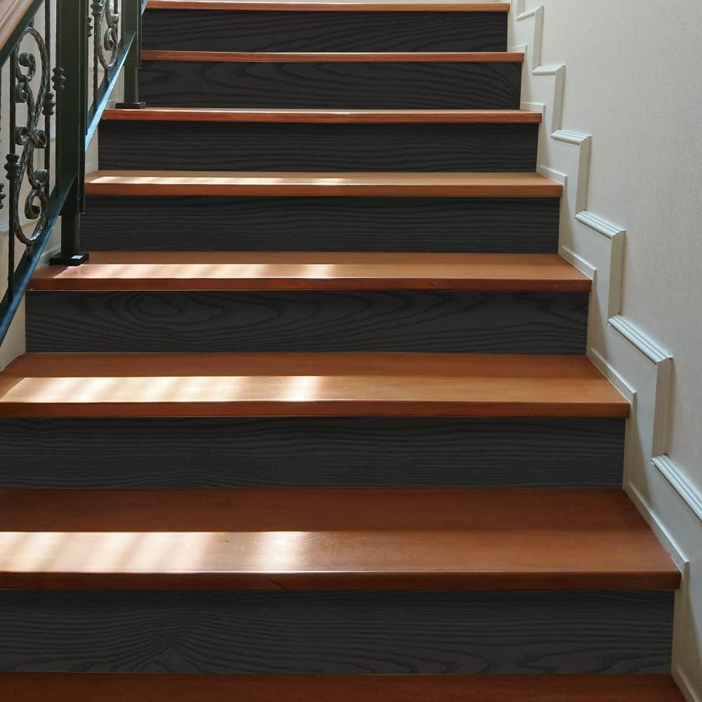funlife Long Strip Faux Black Wood Stair Riser Decals Peel and Stick, Black Stair Riser Stickers Self Adhesive Vinyl Stairway Stickers for Entryway, Staircase Step Decals for Home Decor, 7.87"X236.22"