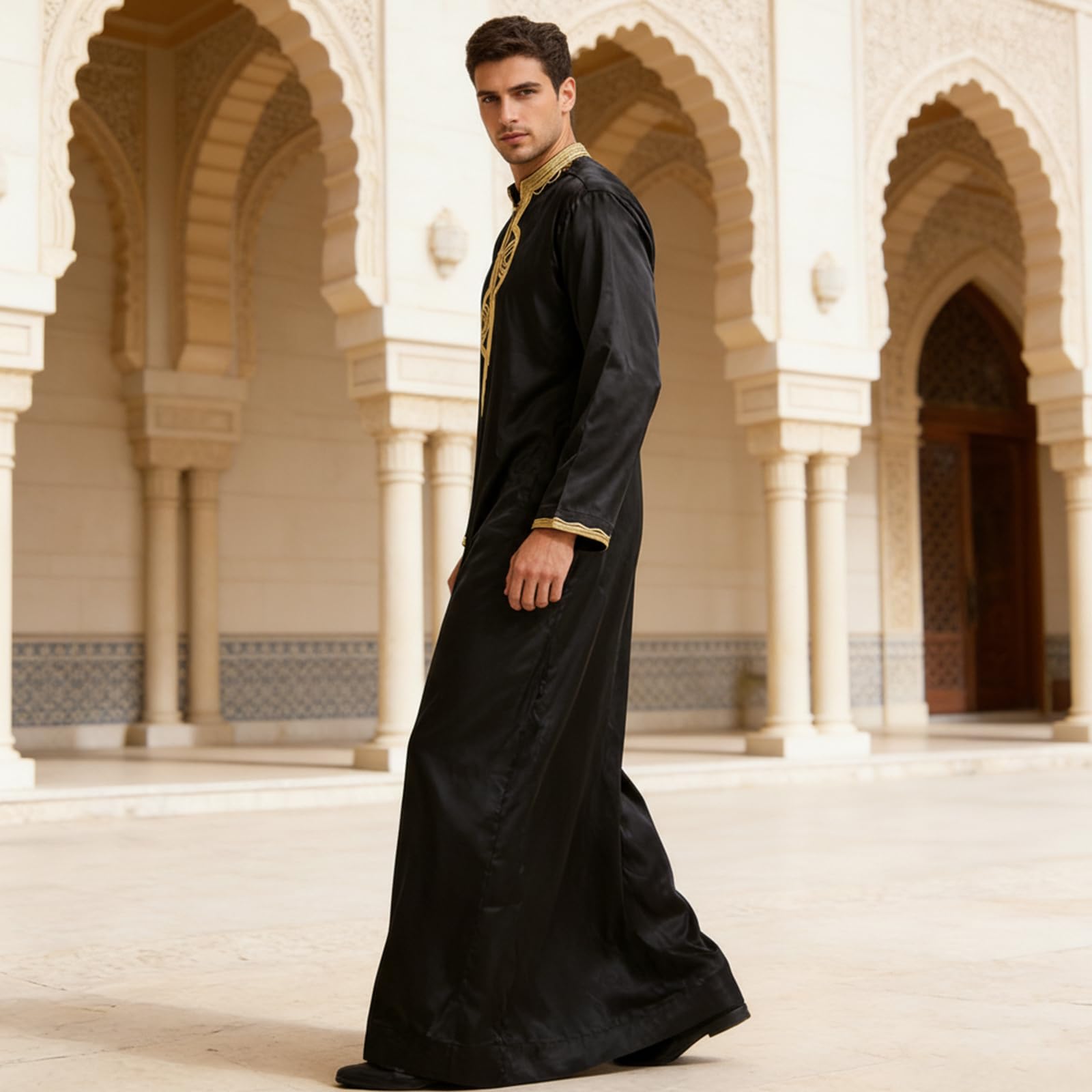 Chilaba Hombre Bordado, Kaftan Hombre Manga Larga Cuello de Pie, Abaya Hombre Ramadán con Bolsillo, Jalaba Hombre Marroquí, Bata Hombre Musulmana, Ropa de Oración Islámico Árabe