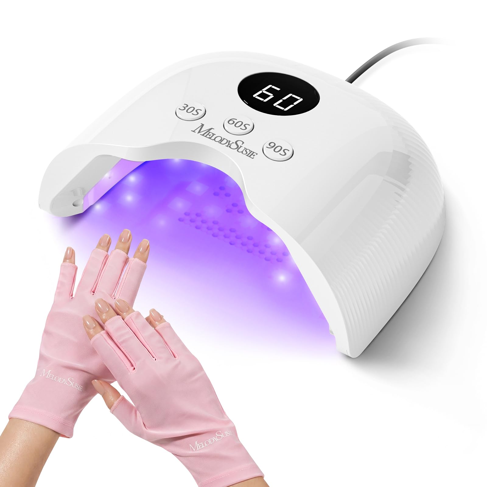 MelodySusie Lampe UV Ongles Gel avec Gants Anti-UV, P-Plus30A 24W Sèche-ongles Professionnel, 3 Minuteurs (30/60/90s), Capteur Automatique, LED Sèche-ongles pour Tous Les Vernis à Ongles UV- Blanc
