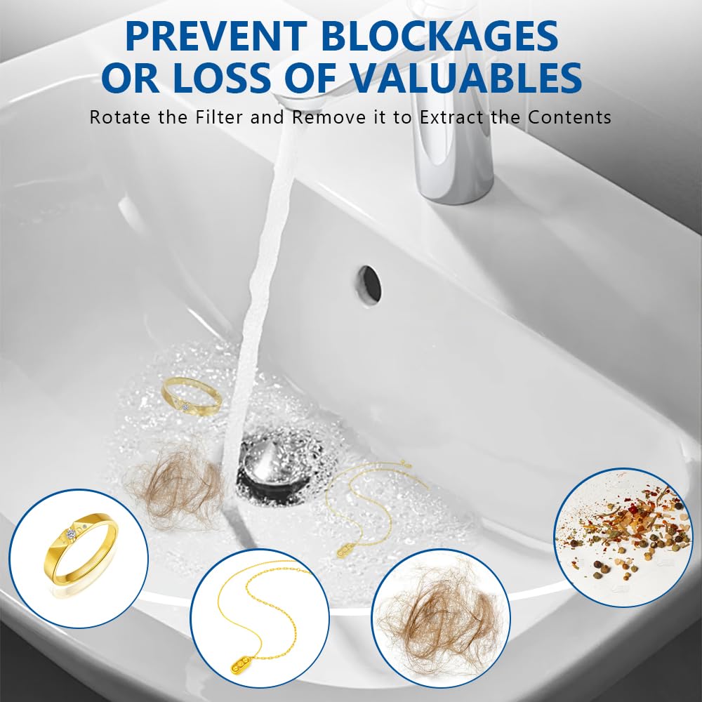 Universal Bathroom Sink Stopper, Sink Plug for 1.1”~2.36” Drain Hole, Upgraded Pop Up Sink Drain Stopper with Detachable Hair Catcher Filter Basket, Stainless Steel Plating, Brass Bounce Core (Chrome) 4