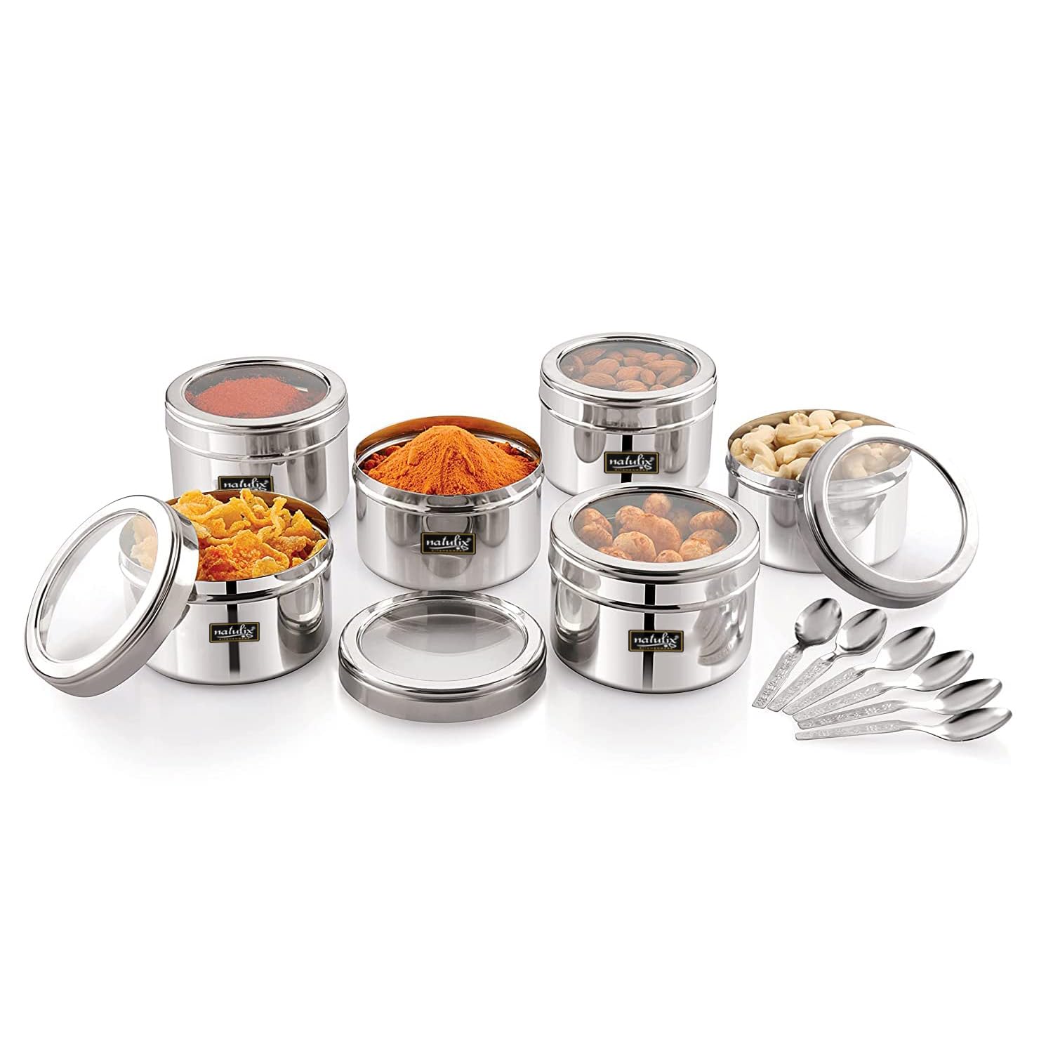 NATULIX Stainless Steel Multipurpose Kitchen Containers With See Through Lid And 6 Small Spoons | Dryfruit Box | Masala/Spice Box | Silver, 400Ml Each (6 Pcs), Blue-Violet (B0CG373QLQ) Amazon Price History, Amazon Price Tracker