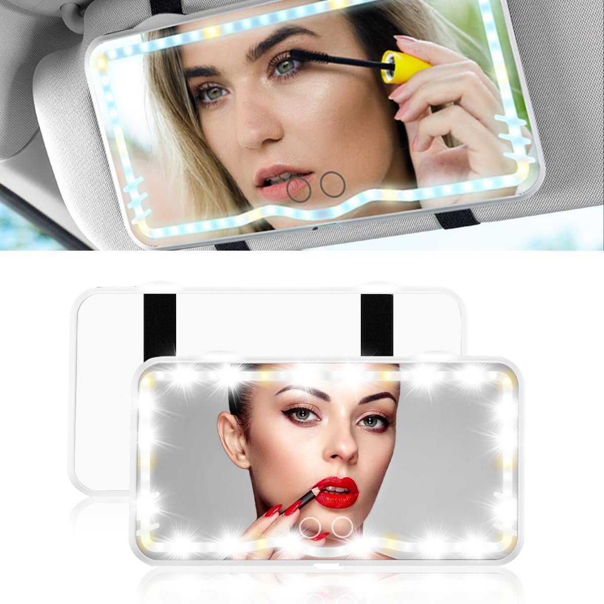 Car Visor Vanity Mirror LED Makeup Mirrors 3 Light Modes 62 LED Lights, Dimmable Clip-on Touch Control Rechargeable Universal Rear View Sun-Shading Travel Cosmetic Mirror for Auto Car Truck SUV