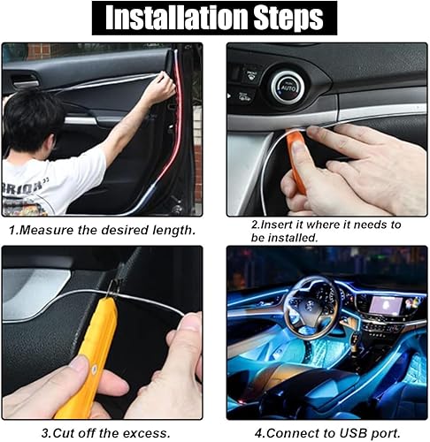 Miniatura 6 de Tira de luces LED para interior de automóvil con cable EL, tira de luz de neón USB para automóvil con borde de costura, luz de neón de 16 pies 5 V