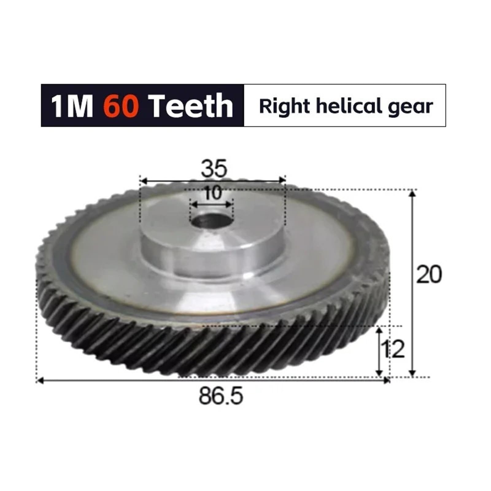 Rechts Schrägverzahntes Stahlzahnrad 1M 60 Zähne Innenloch 10mm 90 Grad Übertragung 1St