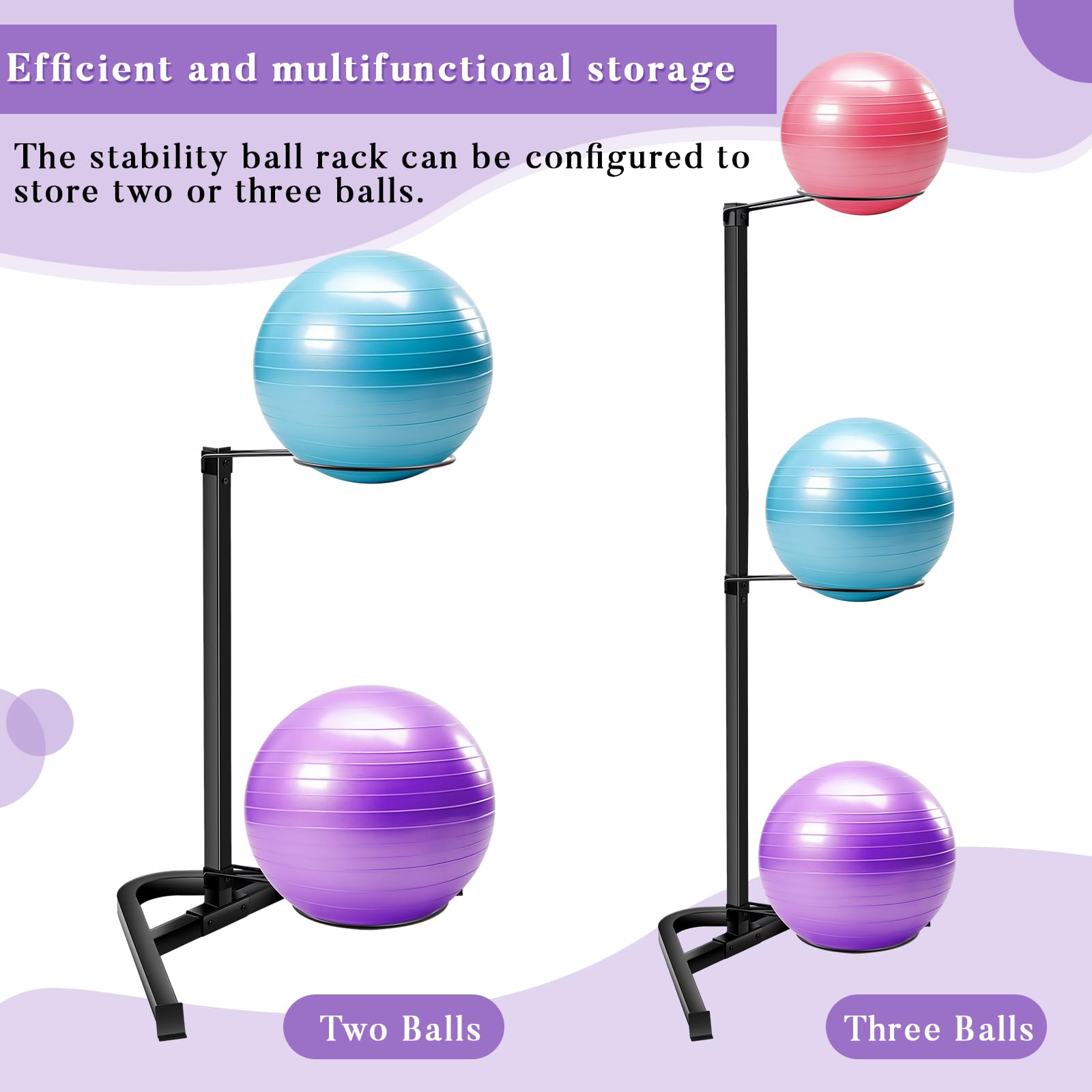 Blulu Yoga Ball Holder Stability Ball Rack Vertical Exercise Ball Stand Gym Ball Storage with Tubular Steel Frame for Home Commercial Gym Studios, Holds 3 Stability Balls