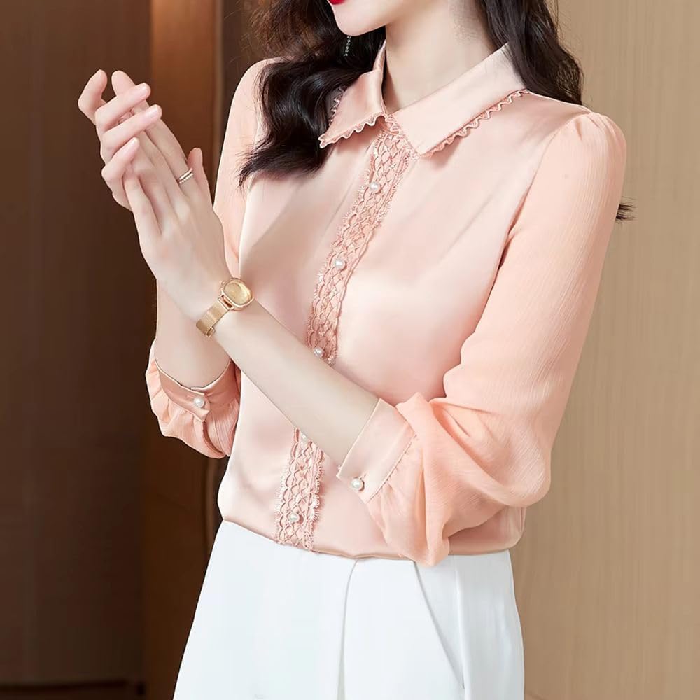 Women's Elegant Lace Stitching Satin Shirt Vintage Korean Office Lady Solid Blouse Casual Top