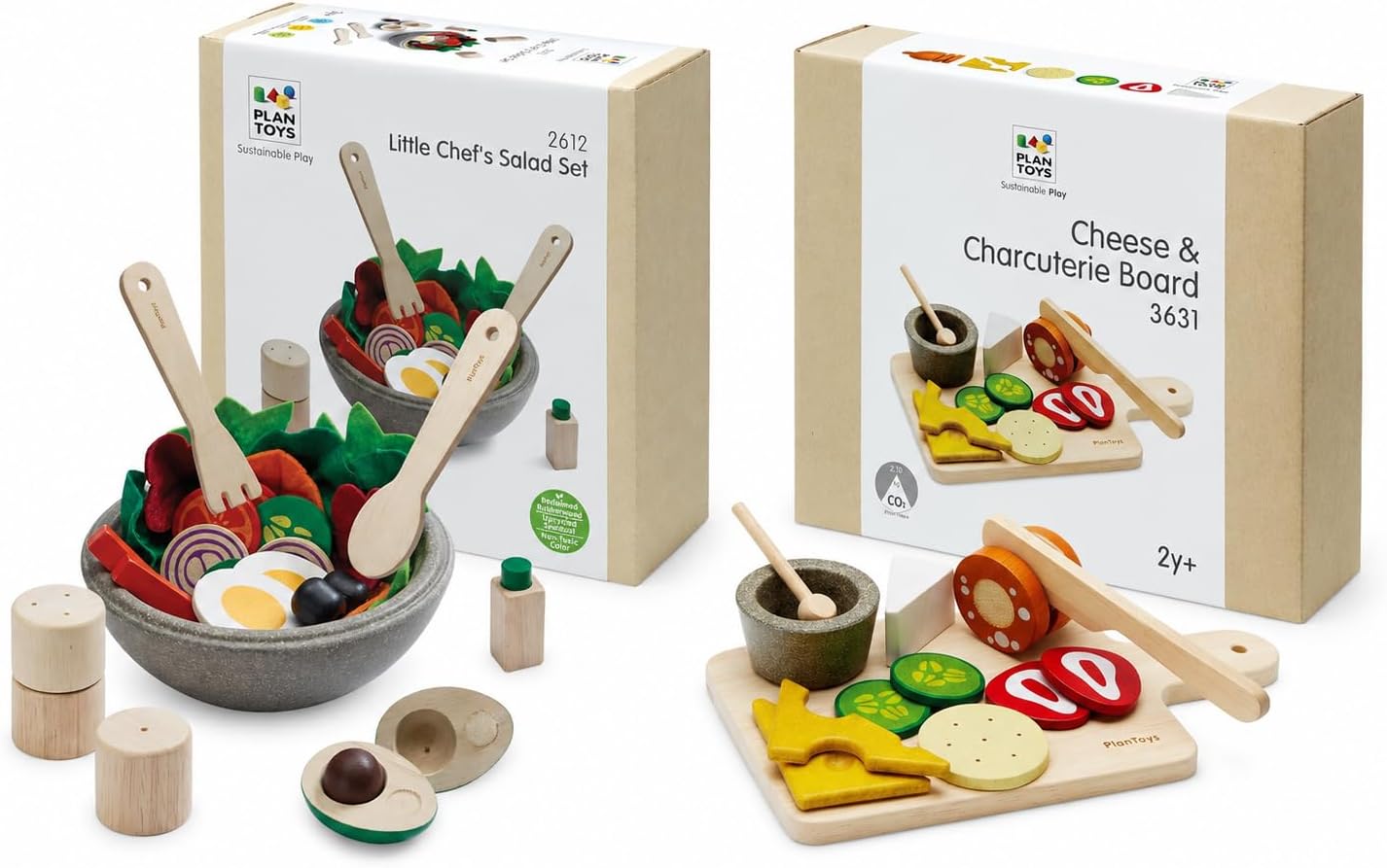 PlanToys® Wooden Salad & Cheese Charcuterie Board Pretend Play Food Set | Montessori Kitchen Bundle with Salad Bowl, Servers, Cheese, Crackers, Salami, Knife & Board | Eco Friendly Toy for Kids