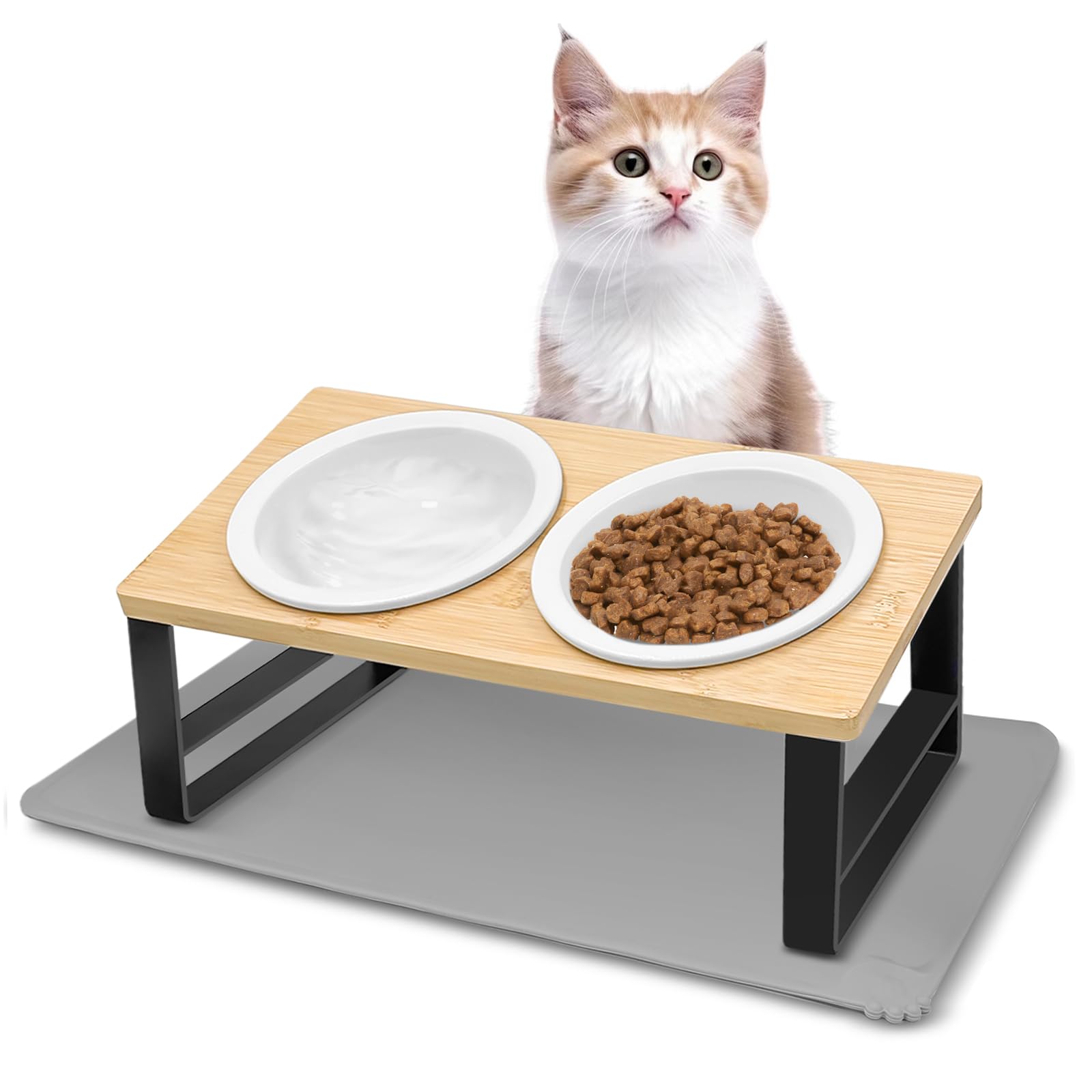 Avmvnvc Set de 2X Comedero Gato Elevado, Comedero Perro Ceramica, Comederos para Gatos Inclinado 15° con Antideslizante Alfombrilla, Cuenco Gato Antivómitos, Comederos y Bebederos para Gatos y Perros