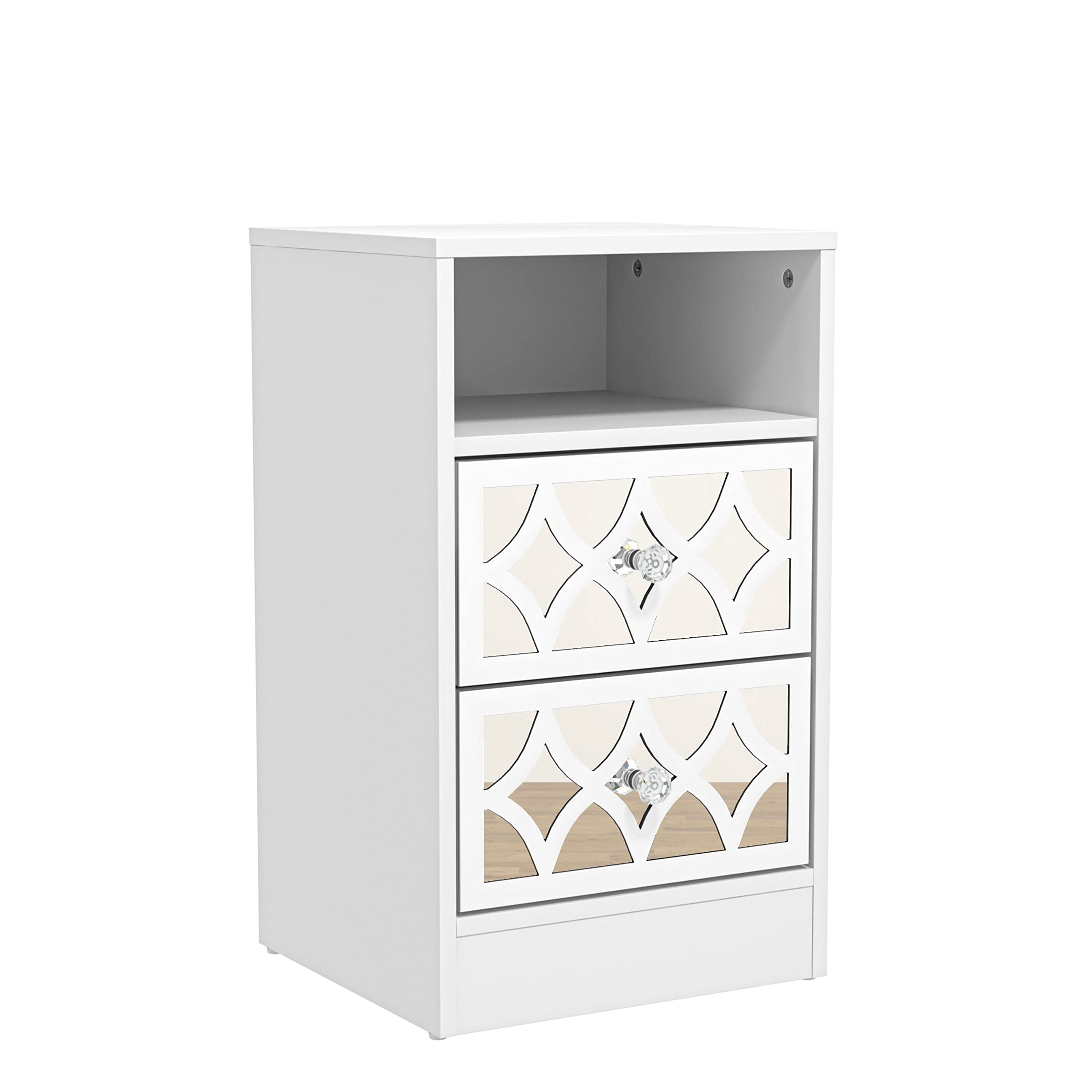 GalanoBowen 2 Drawer Bedside Table with Acrylic Mirror – White Nightstand with Storage – Modern Side Table with Drawers for Bedroom, Hallway or Entryway