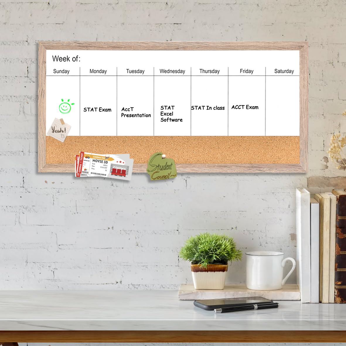 Pizarra blanca magnética semanal de borrado en seco y tablero de corcho, marco de madera marrón rústico, pizarra blanca de superficie magnética para decoración de pared y oficina en casa