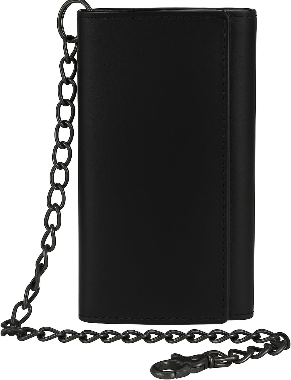 RFID Blocking Mens Tri-fold Long Style Crazy Horse Leather Steel Chain Wallet(Black)