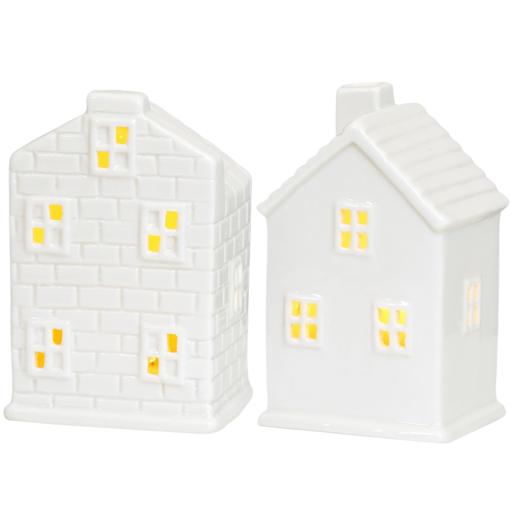 CAKEEYUM 2Pcs Christmas Village Houses LED Lighted Ceramic White House Christmas Decorations Indoor for Holiday Tabletop Mantel Decoration