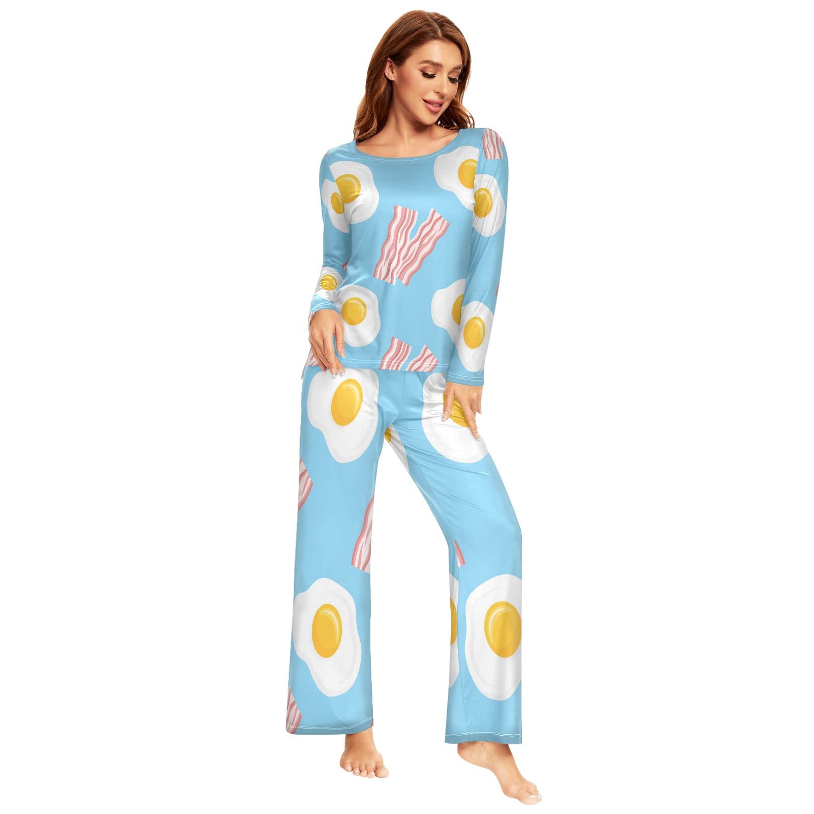 Youjuner Women's Multicolor Pyjamas Sets For Cartoon Bacon Eggs Long Sleeve Sleepwear Loungewear Set Pjs Nightwear Set