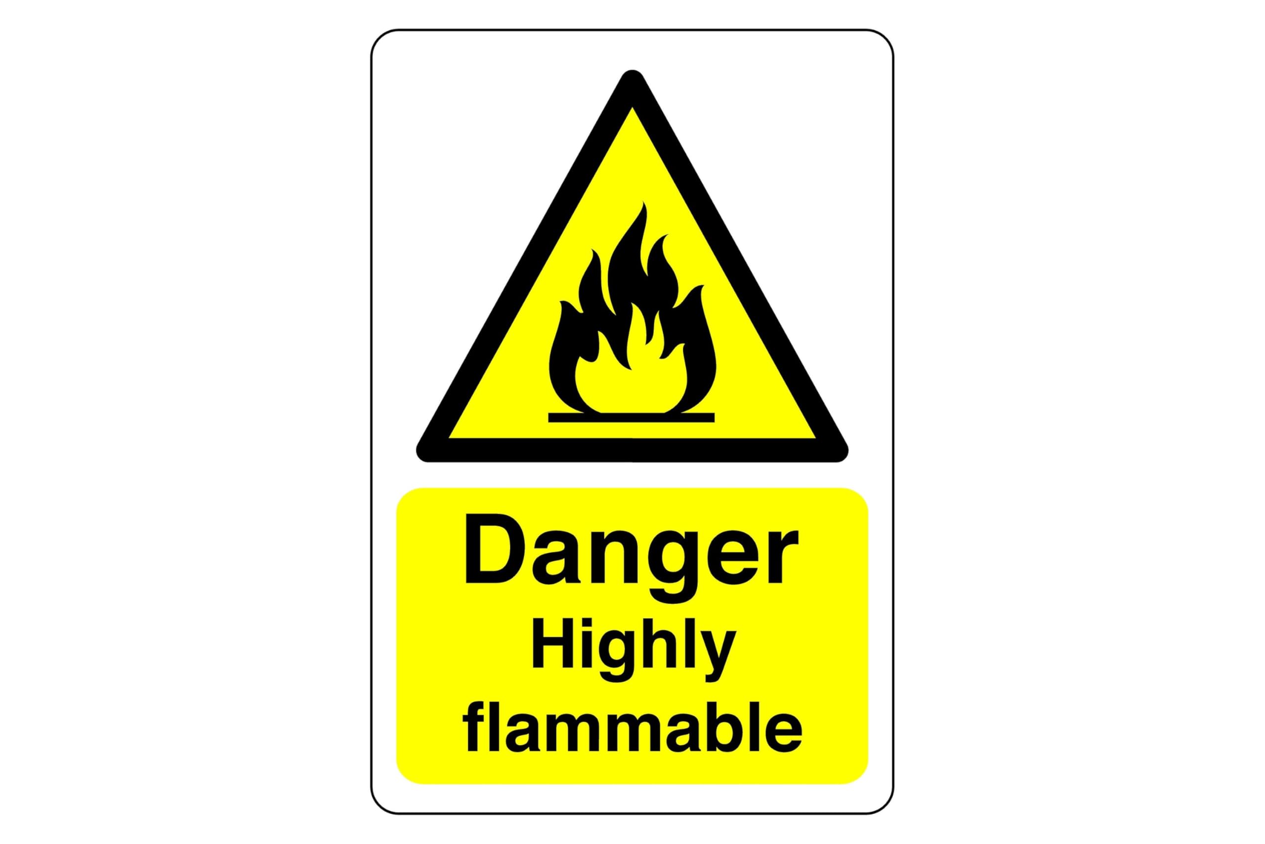 Danger Highly flammable sign - 1.2mm Rigid plastic for indoor/outdoor usage (400mm x 300mm) Viewing Distance within 14m.