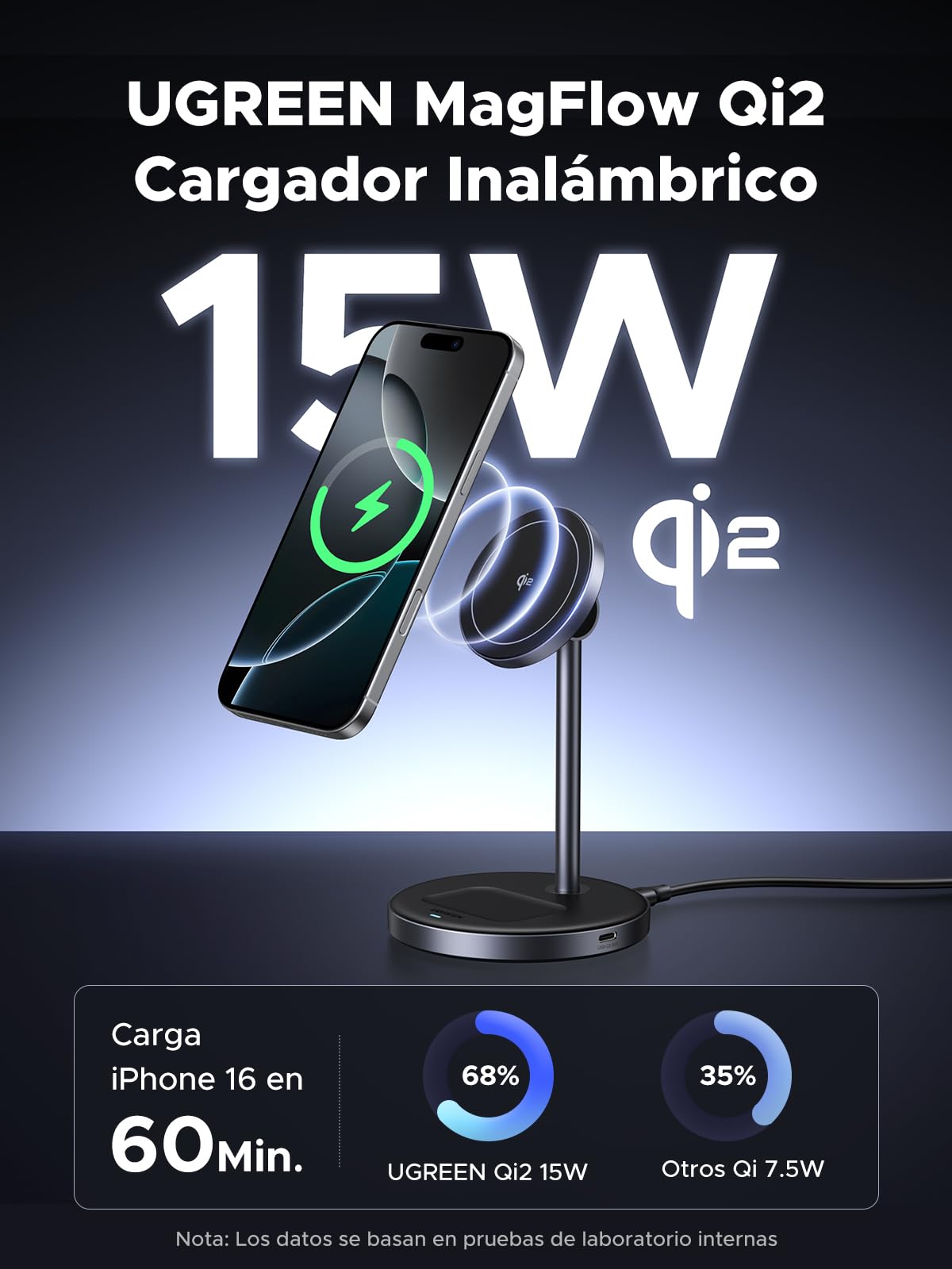 UGREEN MagFlow Qi2 15W Cargador Inalámbrico 2 en 1, Estación de Carga Magnética, Soporte Wireless Compatible con iPhone 16/15/14/13/12 Series, AirPods Pro 2/3 | Certificado Qi2, ángulo ajustable, luces LED, para iPhone serie 17-12, AirPods y más, adaptado