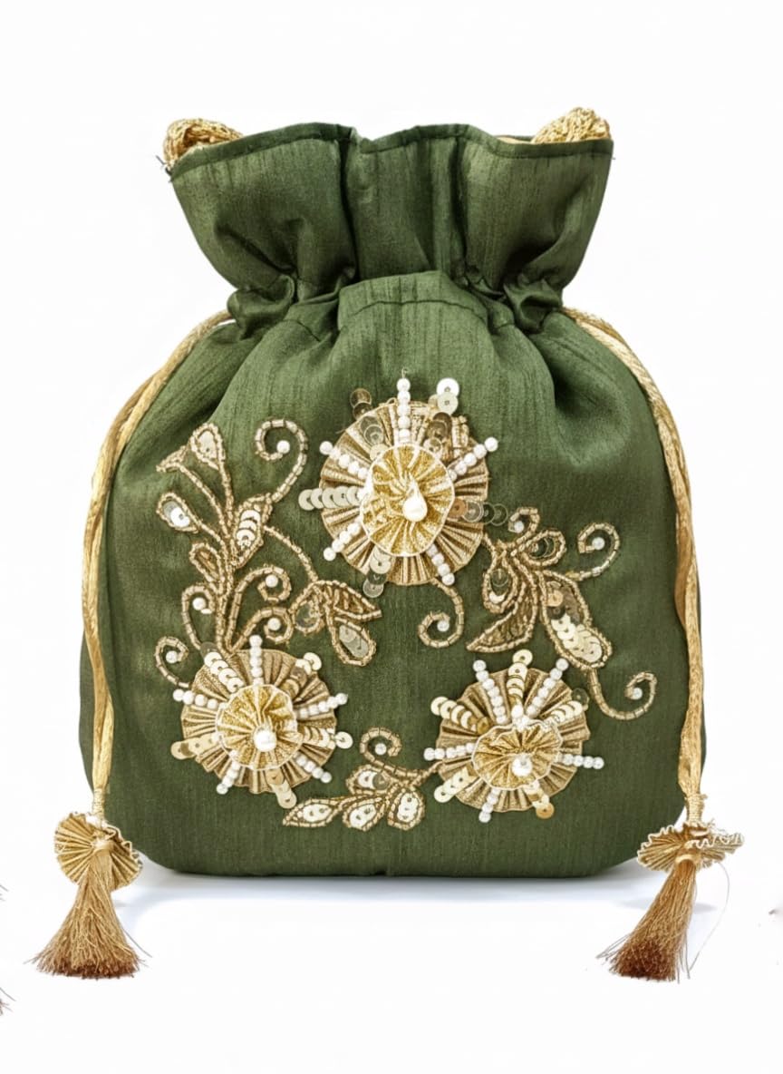 Silk Potli Bag for Women with Hand Embroidery & Pearl Detailing – Perfect for Weddings, Ethnic Wear, Return Gifts & Festive Events – Lightweight, Elegant Batua Purse Style.-image-9