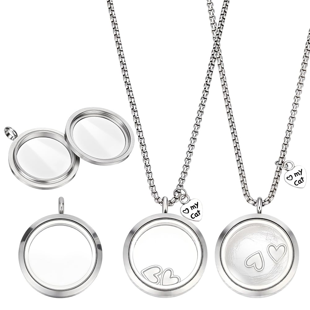 PH PandaHall 2pcs Pet Fur Keepsake Necklace, 304 Stainless Steel Cat Hair Memorial Locket Pendants 29.5mm Clear Glass Cremation Jewellery for Pet Ashes Fur Remembrance Pet Loss Memorial Day