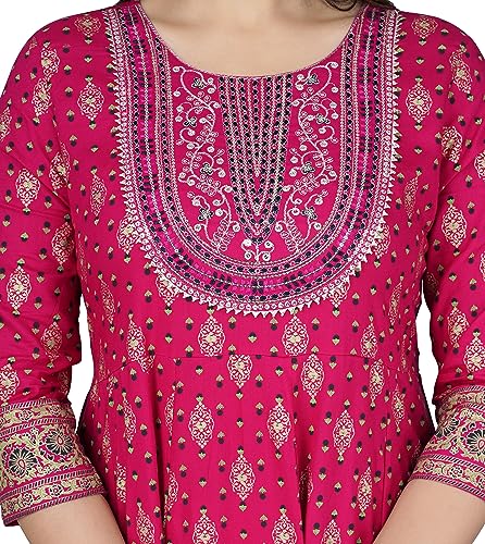 Image of Women's Rayon Embroidered Anarkali Kurti | Elegant Blue & Pink Long Kurti for Women | Premium Ethnic Wear for Diwali & Wedding | Stylish Comfortable Festive Outfit in Floral Design