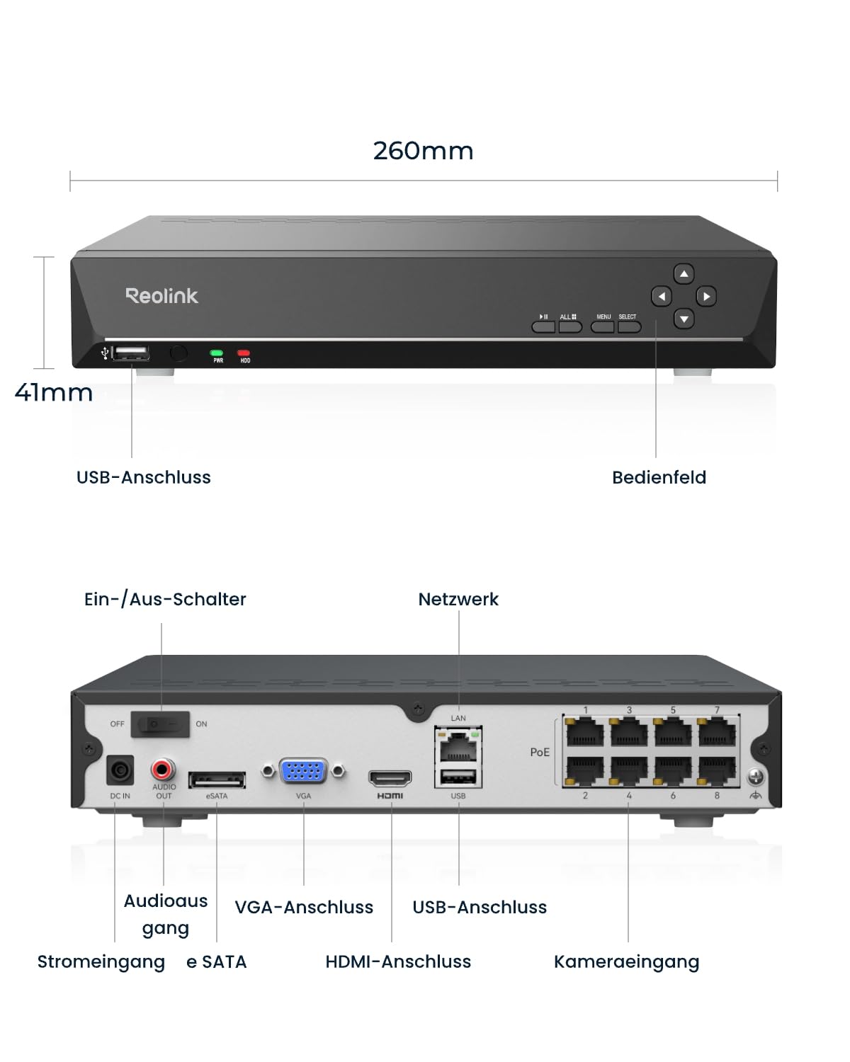 Reolink 8CH 4K PoE NVR Überwachungssystem Rekorder, Videoüberwachung für Haus, Innen, Aussen Sicherheit. Unterstützt 16MP/12MP/4K/5MP/4MP HD IP Kameras, RLN8-410 NHD (Ohne Festplatte)
