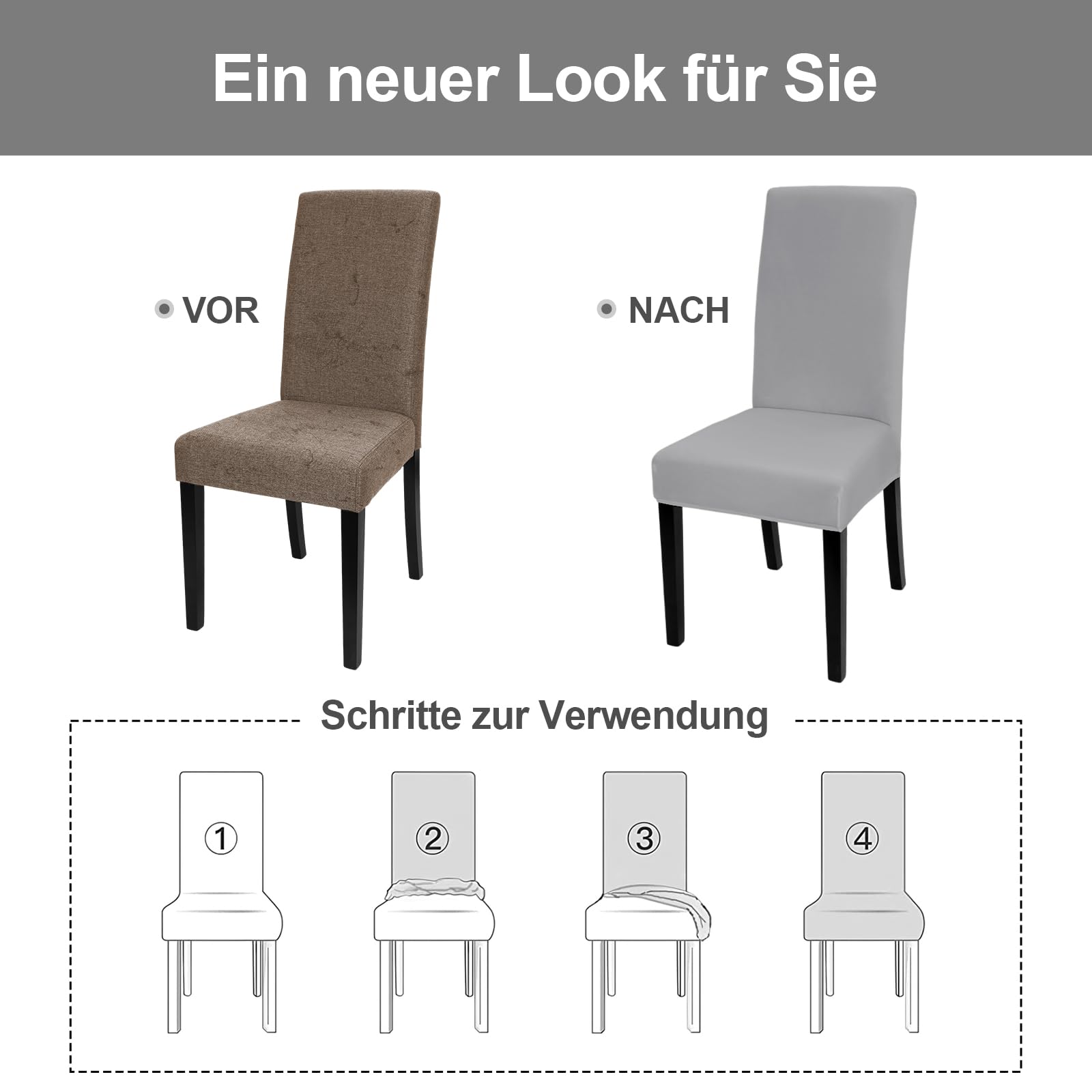 Yugarlibi Juego de 6 fundas elásticas para silla, elásticas, extraíbles, lavables, para cocina, restaurante, hotel, banquete, boda (gris claro, 6 unidades)