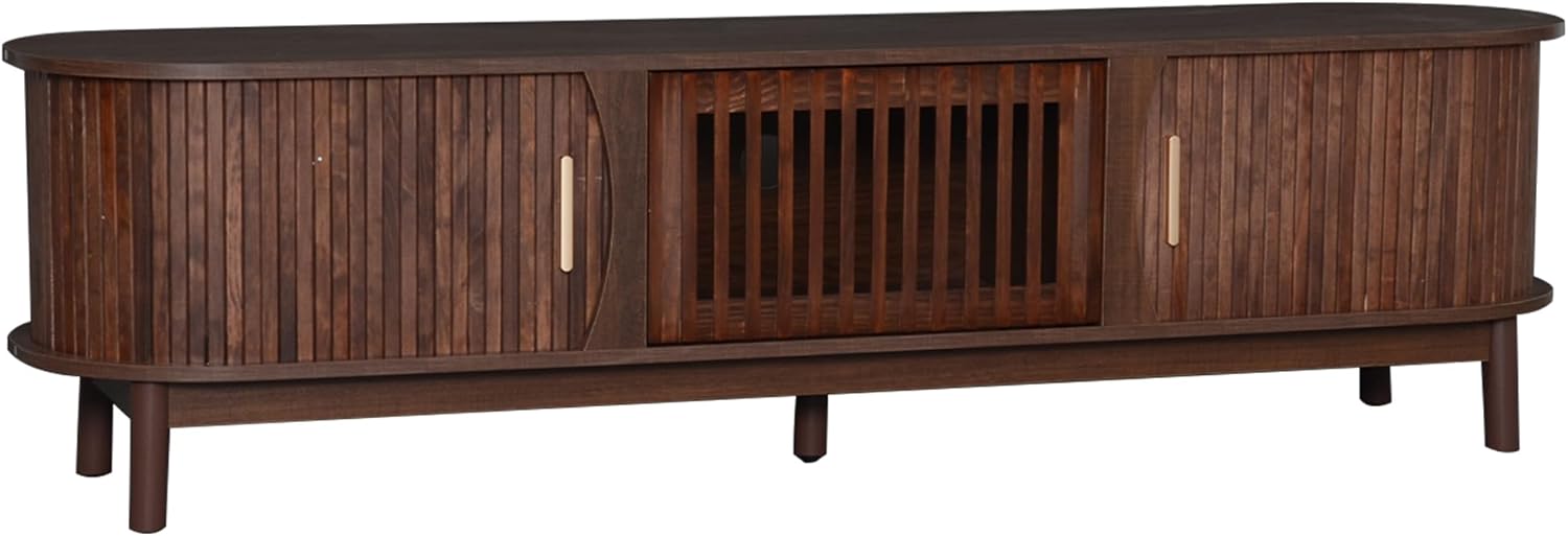 Merax Mid Century Modern Entertainment Center for 65/70/75 inch TVs, Curved TV Stand with Slatted Door & Tambour Sliding Doors, Fluted Media Console with Storage Cabinets for Living Room