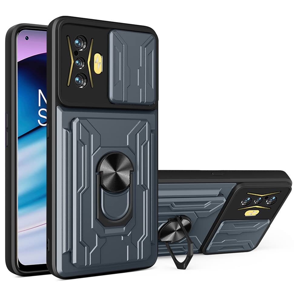 CCSmall for Xiaomi Poco F4 GT Case with Card Holder, Heavy Duty Protection Phone Case with Magnetic Ring Kickstand Slide Camera Cover for Xiaomi Poco F4 GT/Redmi K50 Gaming LJK Gray