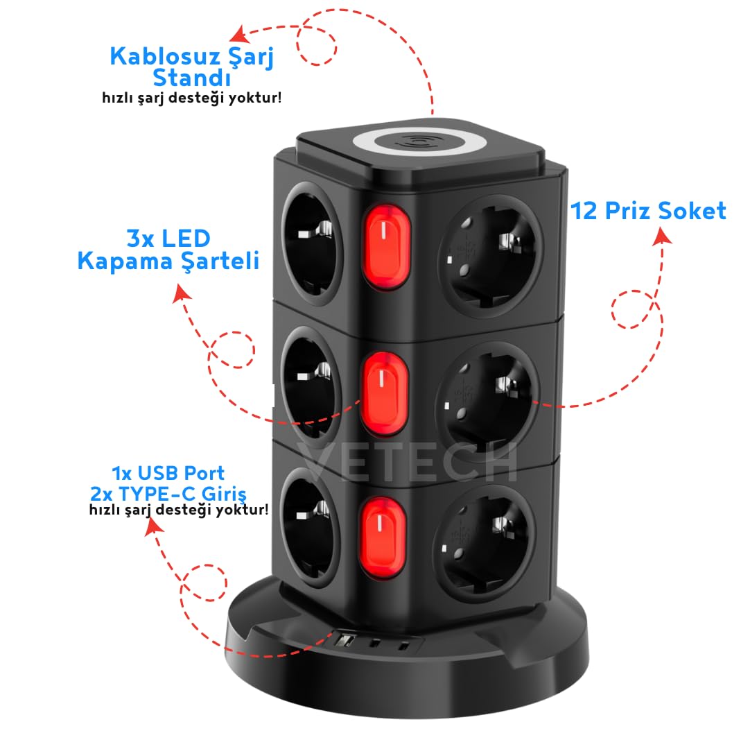 Vetech Akım Korumalı Priz Kule Tipi Kablosuz Şarj İstasyonu 12x Priz, 2x Type-C, 1x USB Girişli 2mt Kablo