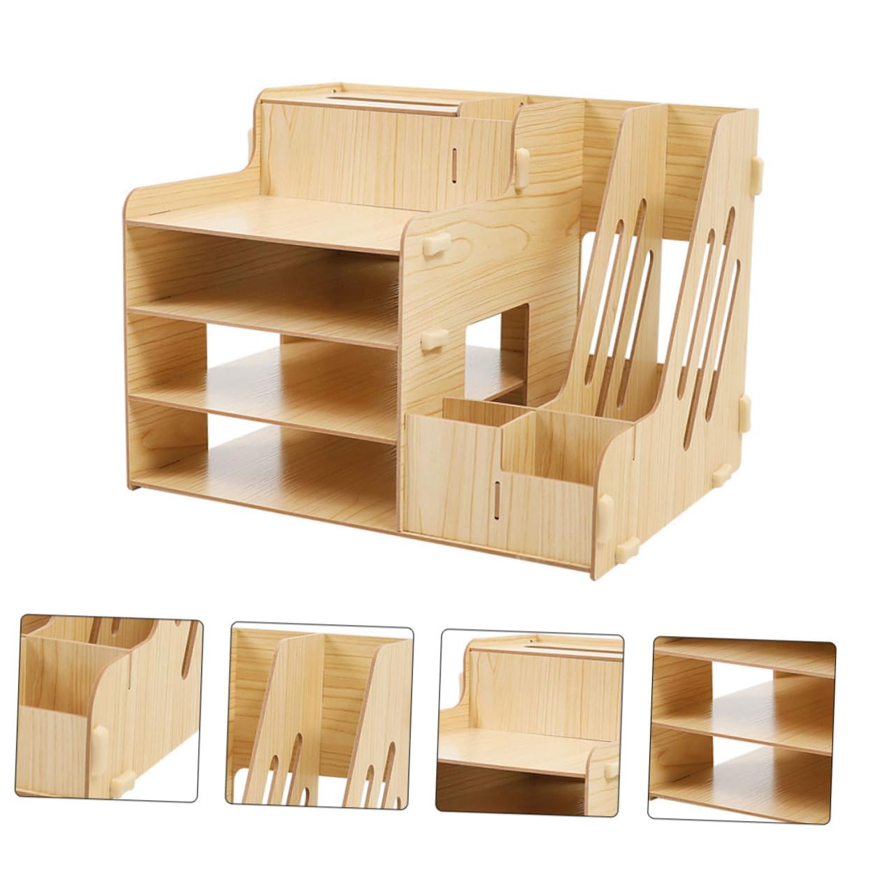 HOMSFOU Estante Organizador De Escritorio De Madera Natural con Múltiples Compartimentos Deslizantes y Gran Capacidad Rack para Almacenamiento De Archivos y Suministros De Oficina