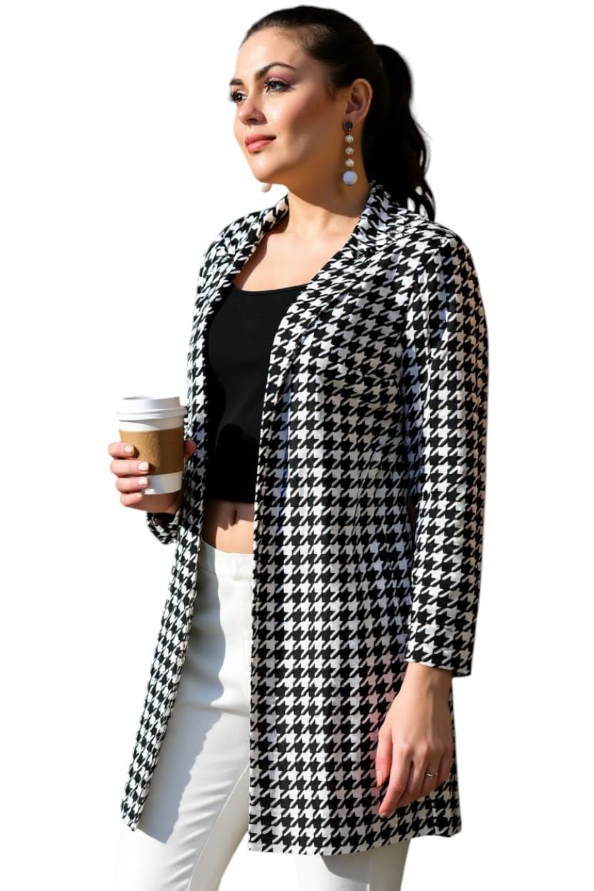 Women’s Printed Long Shrug Open Front Jacket Check Western for Casual