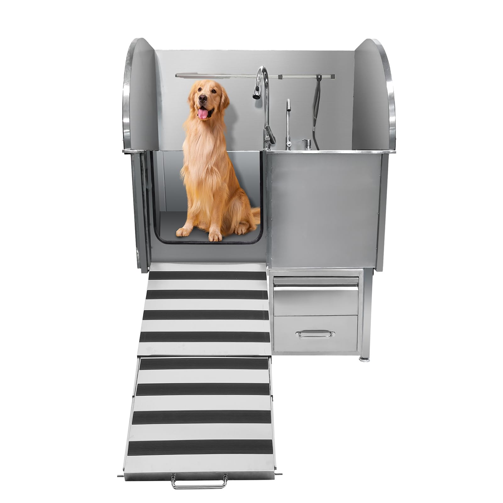 Professional Dog Grooming Tub, 62 in Stainless Steel Dog Wash Station With Foldable Ramp, Storage Drawer, Floor Grate & Faucet/Dog Bathtub for Large,