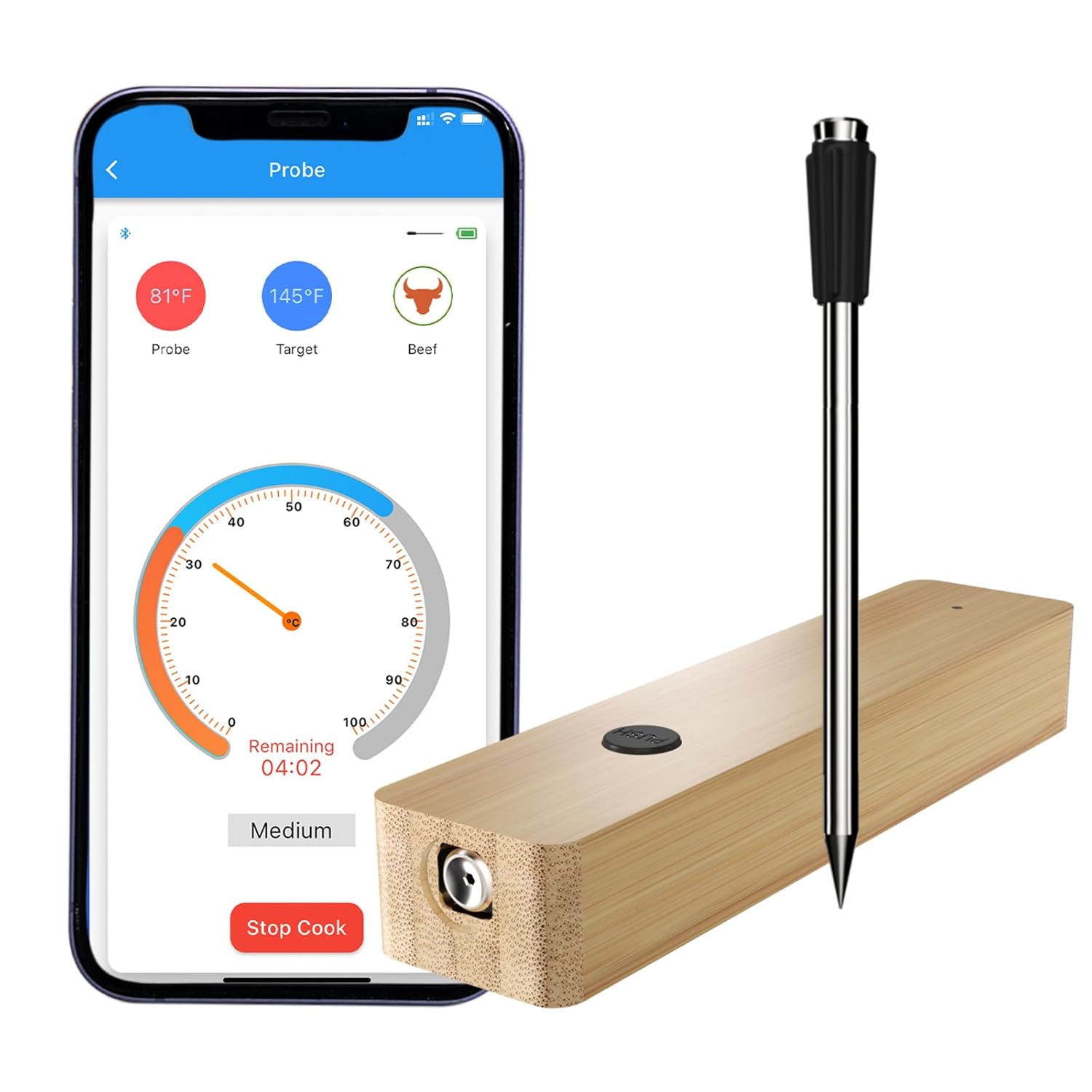 XiaYchaug Wireless Meat Thermometer with phone showing app interface