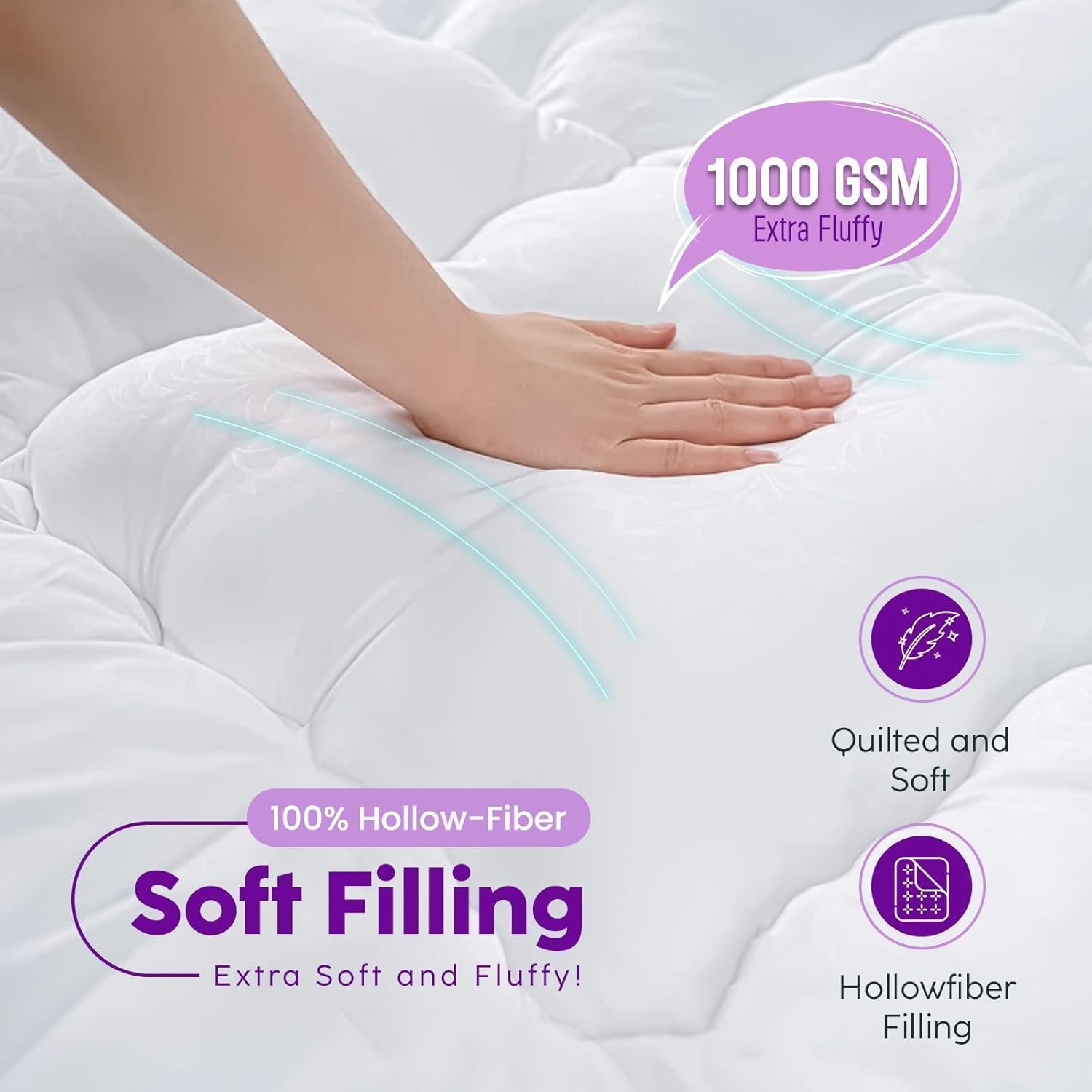 Linens World Mattress Topper Double Bed 10cm Thick, Quilted Super Soft Microfiber Topper, 1200GSM Anti-Allergy Fiber Fill, Washable with Strong Elastic Straps for Extra Comfort (137×190cm) — view 22