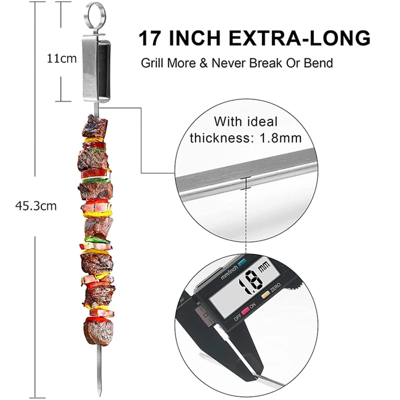 Brochetas de Metal Brochetas de brocheta 17 pulgadas for asar barbacoa plana acero inoxidable con mango deslizante Metal liberación rápida(45.6cm)