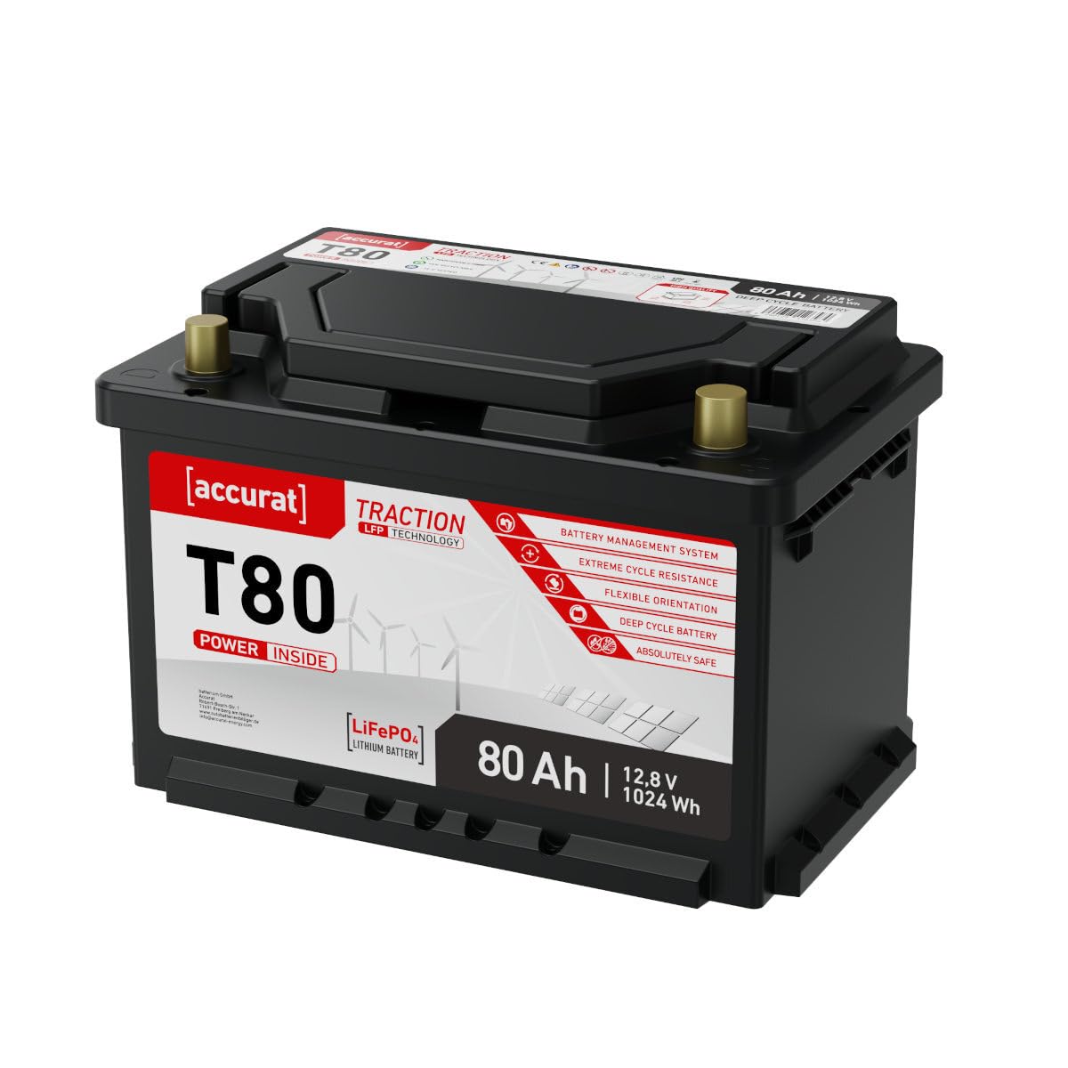Accurat Traction T80 LiFePo4 Versorgungsbatterie, 80Ah, 12V, BMS, Camper | zyklenfest, flexibler Einbau, Deep Cycle Lithium Batterie für Camping, Wohnmobil, Wohnwagen, Boot, Marine, Solarbatterie