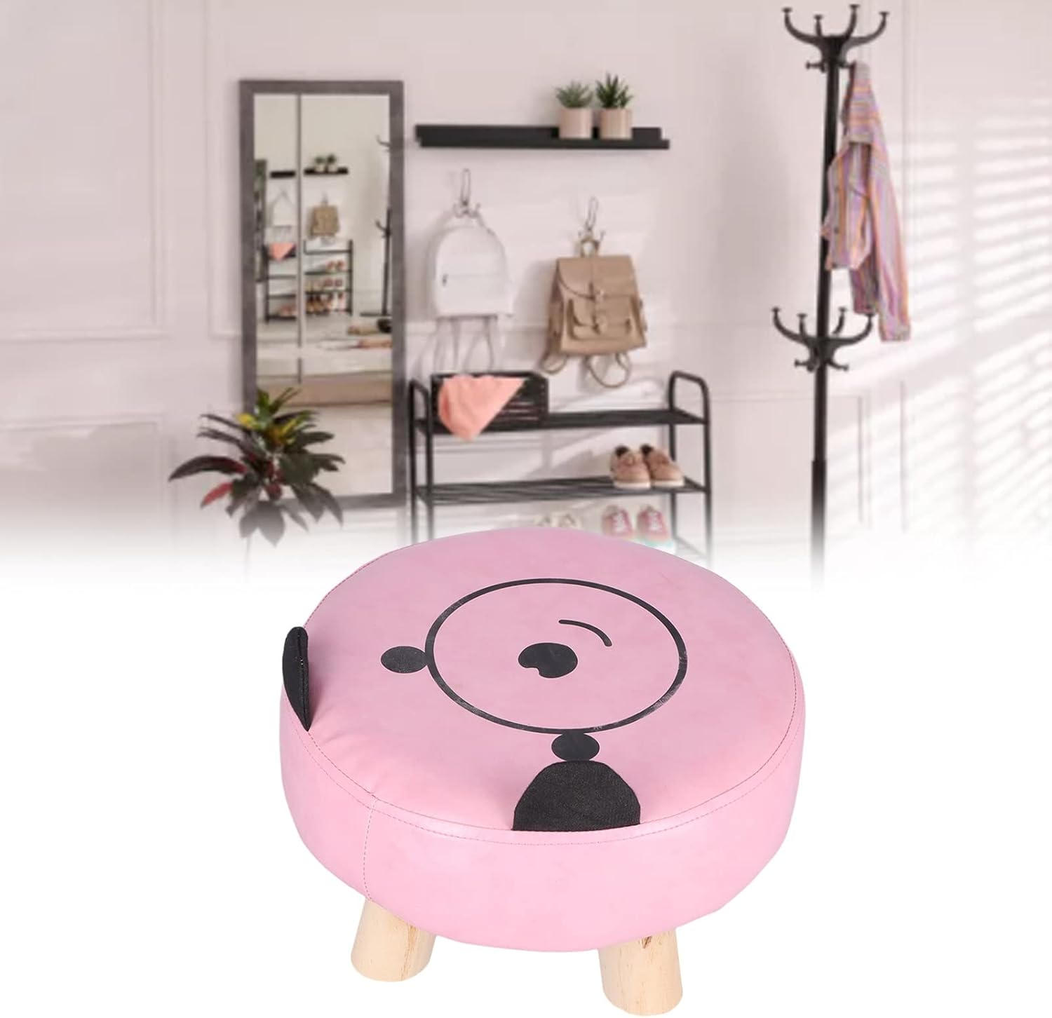 Small Under Desk Footrest Ottoman, Cute Cartoon Step Stool with 4 Stable Log Legs for Kids and Adults, Compact PU Leather Footstool for Home Office Dorm