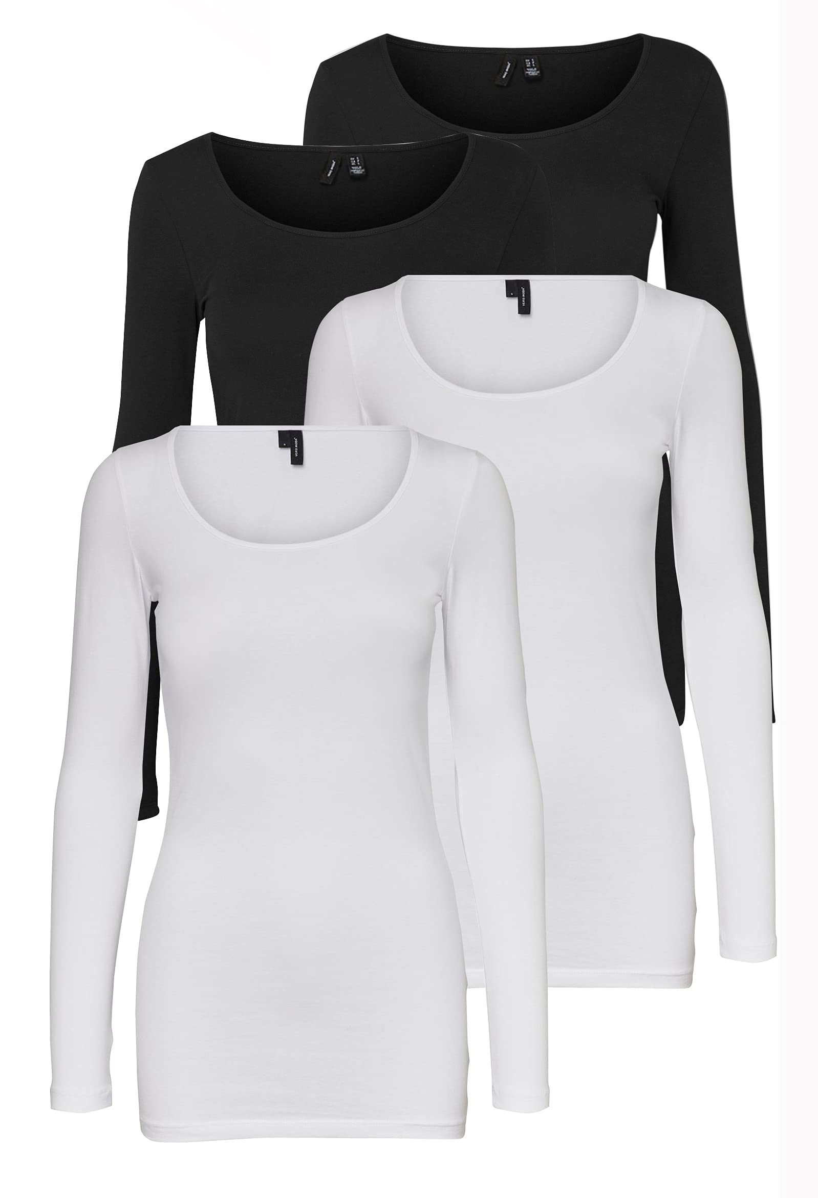 VERO MODA Women's Long-Sleeved Shirt (Pack of 4), White/Black (2X Bright white/2x Black), Large